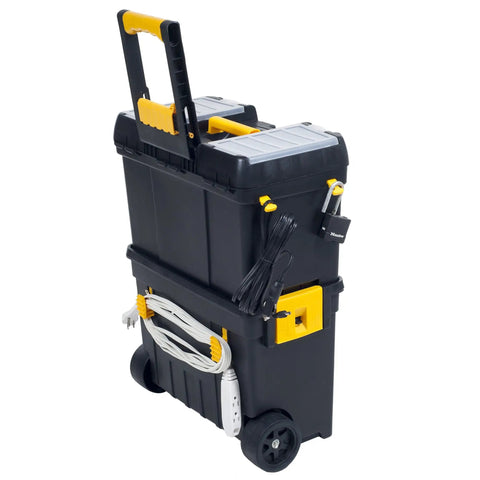Rolling Tool Chest On Wheels With Drawers And Stackable Compartments For On The Go Jobs, Heavy Duty Mobile Utility Cart With Comfort Grip Handle, Tough Latches, And Deep Bottom Storage.