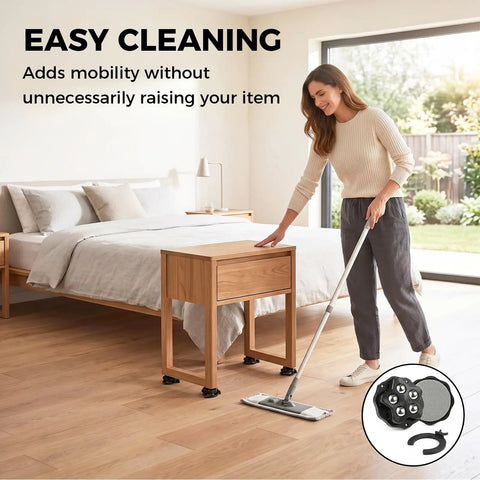Self Adhesive Swivel Caster Wheels For Ultra Heavy Furniture Rolling With 360 Degree Spin and Easy Peel Sticky Back Pads visible under a wooden table.