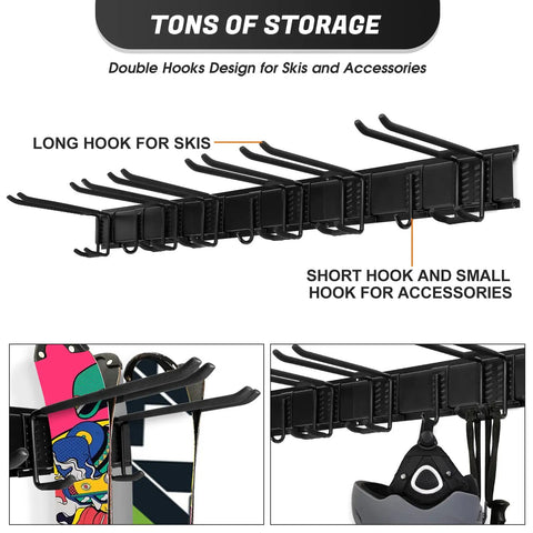 Heavy Duty Steel Ski And Snowboard Wall Mount Rack With Double Hooks And Cinch Straps For Garage Shed Organization shows various hook types for gear.