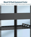 Tool Free Smart Push In Cage Nuts Paired With 12 24 Rack Screws Smoothly Seats In Square Mounts on a 1U rack shelf.