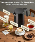 Fast Boil Electric Kettle 1.0L 1200W With 7 Temperature Settings on table with cups, 4 Hour Keep Warm, Auto Shut Off feature visible