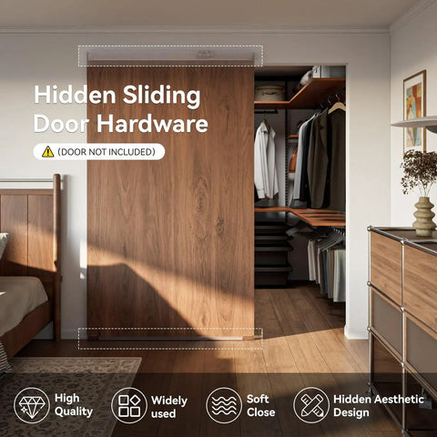 Solid As A Rock Concealed Sliding Barn Door Hardware Kit With Smooth Soft Close Action shown in a closet setting.