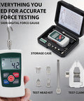 Straight Shooter 500N Digital Force Gauge Equipped With A Secure Test Clamp For Effortless Push Pull Tension Compression Measurements Built Tough For Shop Tasks in user's hand with test heads and storage case.