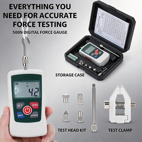 Straight Shooter 500N Digital Force Gauge Equipped With A Secure Test Clamp For Effortless Push Pull Tension Compression Measurements Built Tough For Shop Tasks in user's hand with test heads and storage case.