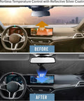 Heavy Duty Foldable Windshield Sun Shade Deflects Blazing Summer Heat And Keeps Your Ride Cool While Blocking Uv Rays, showing before and after temperature control.