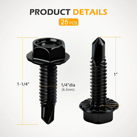 Quarter Inch Hex Washer Head Self Drilling Screws 25 Pcs Industrial Grade 8 8 Heat Treated Carbon Steel Zinc Plated Self Tapping Fasteners