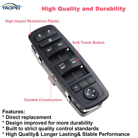 Left Driver Side Power Window Switch For Chrysler Town And Country 2012 2013 2014 2015 2016 Dodge Grand Caravan 2012 2013 2014 2015 2016 2017 2018 2019 Ram CV 2012 2015 Replacement 68110871AA 68298871AA 56046568AC 04602535AI DWS1842 901489 highlighting durability and features.