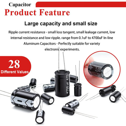 Kickass 28 Piece Aluminum Electrolytic Capacitor Assortment Kit Featuring 0.1uf To 4700uf With 10V 16V 25V 35V 50V Voltage Options, assorted sizes and values.