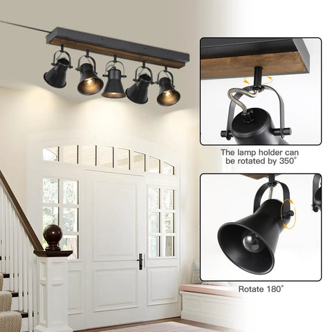 Five Light Plug In Track Lighting Kit In Black With Rotatable Heads For Living Room Bedroom Hallway And Kitchen installed in entryway