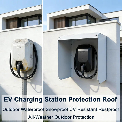 Kickass Heavy Duty EV Charger Cover With Slick Flip Up Door on wall, showcasing all weather protection for electric rig.