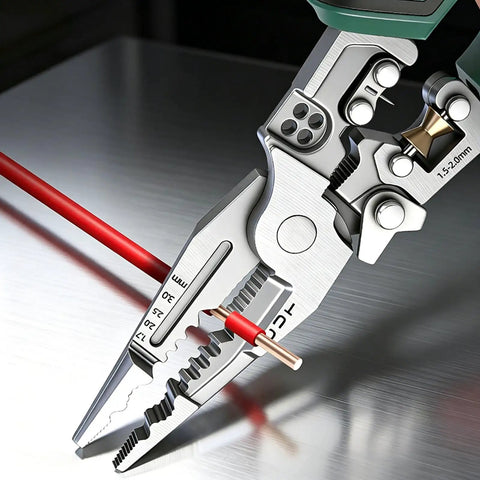 Premium Rigid Solid Steel Wire Stripper Tool With Built In Voltage Tester, 8.7 inch pliers in action stripping insulation from wire.