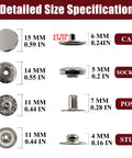 Detailed size specifications of Premium Brass Metal Snap Buttons Fastener Kit With Heavy Duty Tools Silver 15mm.