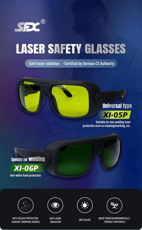 Straight Up Heavy Duty Laser Safety Glasses For Welding With German Bayer Frame And OD8Plus Anti Glare Lens showcasing safety features