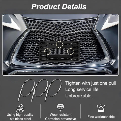 Universal Front License Plate Bracket For SUV And Truck, stainless steel frame with mounting kit, displayed on car grille
