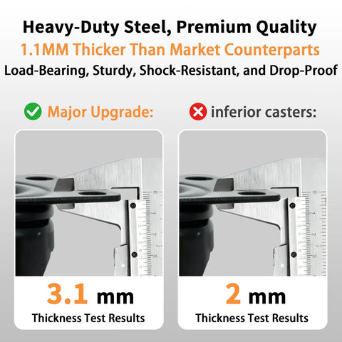 Heavy Duty 4 Inch Caster Wheels Set Of 4 With Locking Brakes And Smooth 360 Swivel Action highlighting thickness comparison.