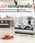 Solid 9 Inch Electric Meat Slicer With Removable Stainless Steel Blade And Quick Turn Thickness Dial for slicing meats on kitchen counter.