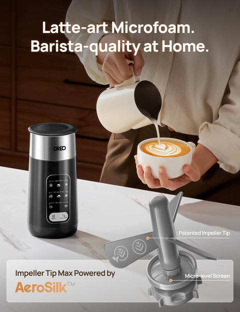 Milk Frother With 8 In 1 Functionality For Latte Art, Microfoam And Coffee, Stainless Electric Frother, 9oz 270ml For Warm And Cold Foam, LED Display, Easy To Clean, Dope Kitchen Gadget For Barista Vibes with AeroSilk technology