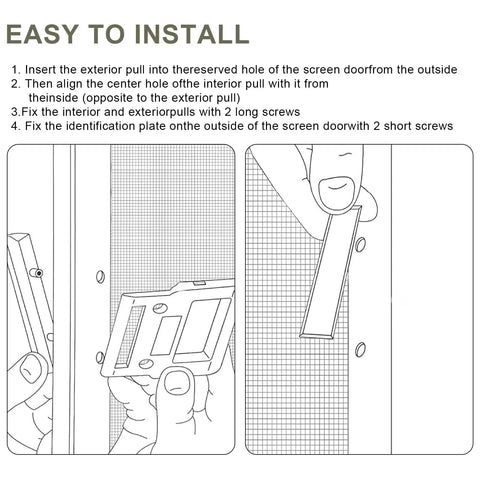 Illustration showing installation steps for Heavy Duty Sliding Screen Door Handle Kit Replacement for A Series Hinged and Sliding Patio Doors 1982 to Present