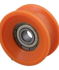 Top Shelf 4 Piece U Groove Pom Pulley Pack Featuring A Clean 6 mm Bore And 30 mm Rim Built Tough For 79 Kg Load Capacity And Slick Fast Spin On Any Hardworking DIY Assembly Project. Close-up of orange POM pulley with steel bearings.