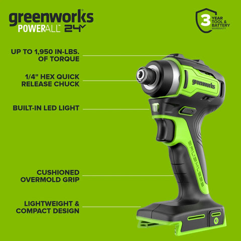 Gnarly 24V Brushless Cordless Impact Driver With Badass 1950 Inch Pound Torque And Fast Swap Hex Collet side view with LED light.
