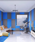 Solid Acoustic Foam Panels For Room Noise Blocking Quick Rebound Soundproof Wall Tiles Peel And Stick studio setup with blue panels.