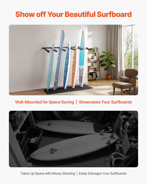 Keep Your Sick Gear Organized With This Heavy Duty Surfboard Wall Mount Vertical Paddle Board Rack Featuring Hella Secure Rubber Padding For Effortless Garage Storage And Zero Clutter Vibes, showcasing multiple surfboards displayed on a wall-mounted rack.
