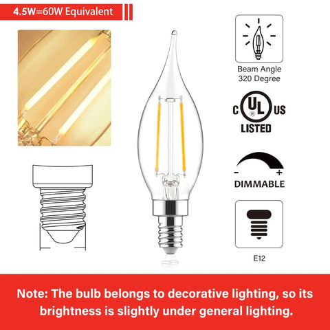 Dimmable Candelabra LED Bulbs 60W Equivalent, 2700K Soft White Flame Tip CA10, Clear Glass E12 Base details and features