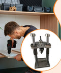 Man using Vertical Drill Guide Attachment For Drill Press Stand, Precise Woodworking Jig For Furniture Making DIY Projects And Pro Carpentry Easy Hole Positioning And Accurate Drilling
