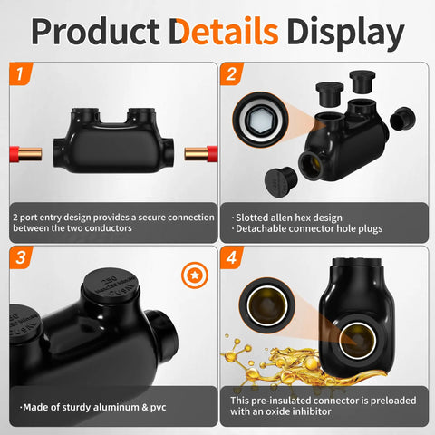 Detailed display of Heavy Duty Insulated Inline Splice Connector Kit For 250MCM To 6AWG Wire Aluminum To Copper Connectors