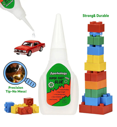 Hella Fast Drying Super Glue For Plastic Repair And Model Fixing With Killer Instant Bond For Abs Pvc Pla 3D Miniatures Precision Tip No Mess Formula Two Pack Bundle bottle with red toy car and stacked building blocks.