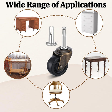 Ten Pack Vintage Brass Stem Caster Wheels With 1-5/8 Inch Rubber Wheels, 1.4 Inch Stem And 0.75 Inch Socket Diameter, shown with furniture applications