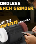 Rock-Solid Mini Dual Wheel Bench Grinder Backed By 18V Battery Compatibility And Snappy 2000 To 6000 RPM Toggle, featuring a compact design and dual stones.