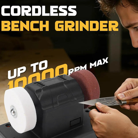 Rock-Solid Mini Dual Wheel Bench Grinder Backed By 18V Battery Compatibility And Snappy 2000 To 6000 RPM Toggle, featuring a compact design and dual stones.