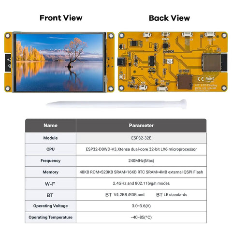 Front and back view of 4.0 Inch Touch Screen Module With ESP32-32E Core, 320x480 TFT LCD Display, Built In WiFi And Bluetooth, ST7796S Driver