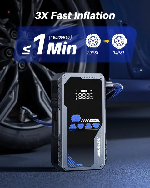 Beefy 6000A Jump Starter With Air Compressor And Tire Inflator next to tire, showing 3X fast inflation on display.
