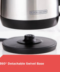 Close-up of 360° swivel base and bottom of 1.7L Cordless Electric Kettle With Rapid Boil Technology And Auto Shutoff, Stainless Steel Water Heater