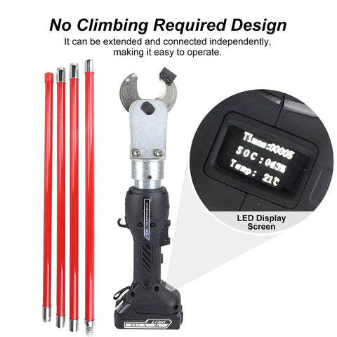 Cordless Hydraulic Cable Cutter With LED Display Portable 70 KN Cutting Power with extension rods and close-up of LED display.