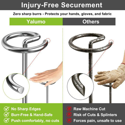 Comparison of Yalumo's injury-free landscape staple with smooth finish versus a rough, sharp competitor's staple.