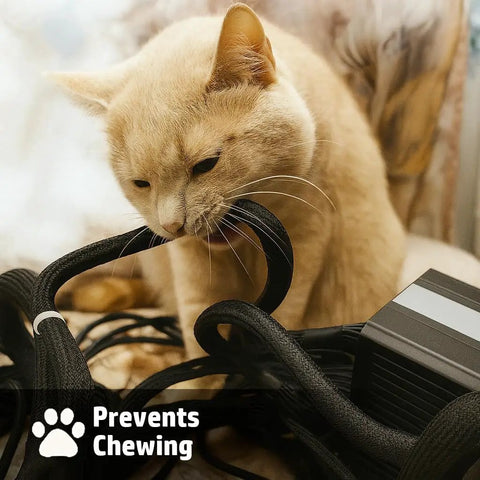 Cat trying to chew on Split Sleeve Wire Loom For High Temperature Automotive Harness And Home Cable Management, prevents chewing