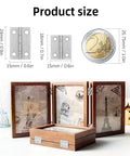 Rock Solid 70 Pcs Mini Hinge Set With 300 Tiny Screws Includes Both 24 X 16 Mm And 18 X 15 Mm Sizes showing size comparison with wood box