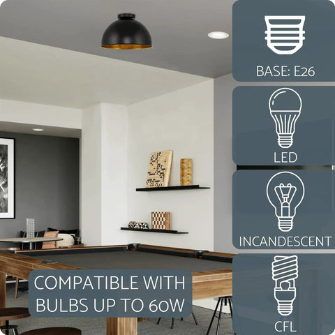 14-Inch Modern Industrial Flush Mount Ceiling Light in Black Finish with Crackled Gold Interior, vintage style in living room.