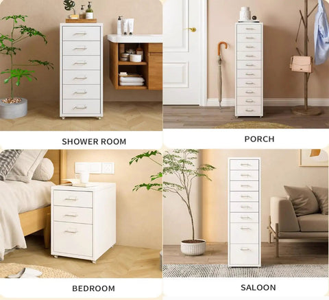 Mobile document cabinet on wheels with locking drawers for vertical file storage in shower room, porch, bedroom, saloon