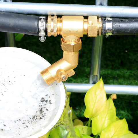 No Sweat Brass Garden Hose Filter With Rock Solid Dual Mesh Stainless Steel Screen And Quick Shut Off Valve For Rv Camping Car Washing And Rainwater Collection, brass valve spout pouring water.