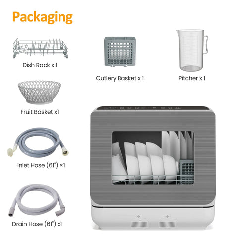 Top Tier Portable Countertop Dishwasher For Apartments And Dorms Featuring Plug And Play Setup with accessories like dish rack and hoses.