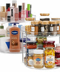 Clear Two Tier Lazy Susan Organizers Two Pack With Effortless Smooth Spin Turntable Silent Revolving Base Maximizing Vertical Counter Space For Spice Jars total kitchen game changer with spices and cosmetics.