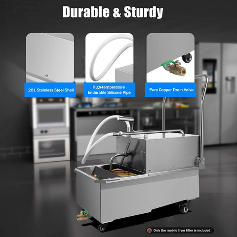 Heavy Duty Commercial Mobile Fryer Filter Machine 550W 110V 55L Stainless Steel Oil Filtration System showing stainless steel shell and drain valve.