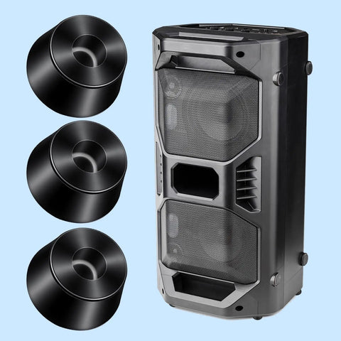 Heavy Duty Rubber Feet Speaker Isolation Pads Enhance Audio With Carbon Steel Screws To Block Scratches And Vibration On Subwoofers Guitar Amps And Furniture These 12 Black Rubber Blocks Deliver Gnarly Grip And Top Shelf Protection next to a speaker.