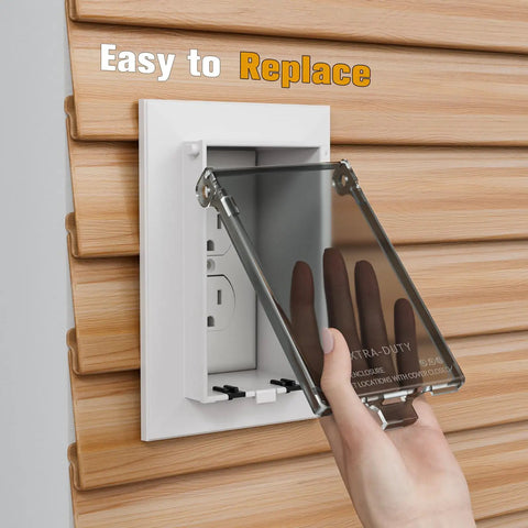 Heavy Duty Recessed Outlet Box Covers 2 Pack Clear UV Resistant Extreme Weatherproof Outdoor Power Socket Enclosure Fits DBVR DBVS DBVM Models Tough As Nails Guard for easy replacement on wood panel.
