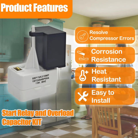 No Sweat Refrigerator Start Relay And Overload Capacitor Kit Replacement For Wr09x10107 Wr55x24064 Ckdx24064x on kitchen background.