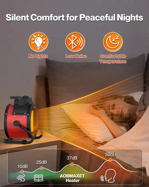 Portable 1500W Electric Heater With 2 Second Fast Heat, 3 Modes, PTC Ceramic Heating in a bedroom setting, red